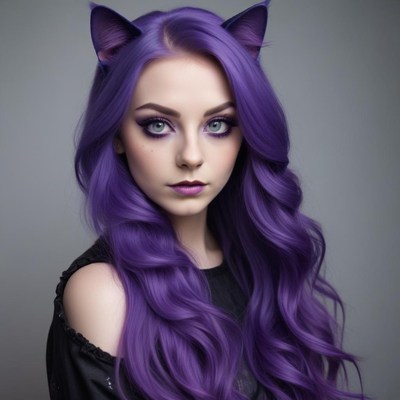 Woman with long purple hair and cat ears poses
