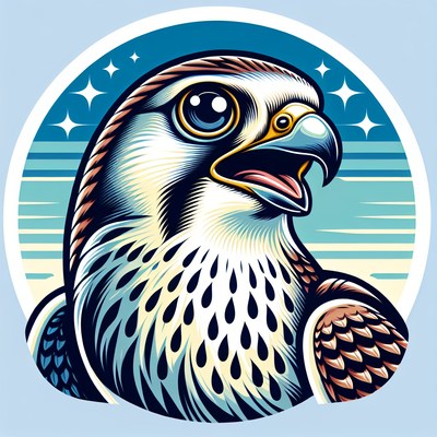 A close-up of a falcon against a blue and white background
