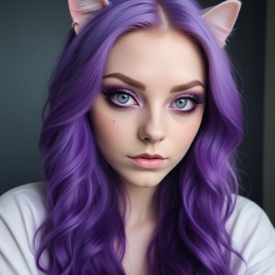 Purple-haired woman with cat ears gazes at camera