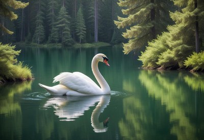A swan swims in a tranquil lake surrounded by trees