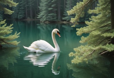 A swan glides on a calm lake by tall trees