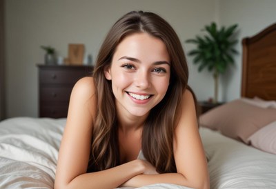 A woman smiles while lying in bed