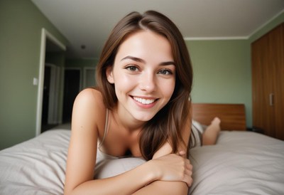 A woman smiles brightly while laying in bed