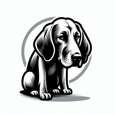 A black and white illustration of a dog sitting