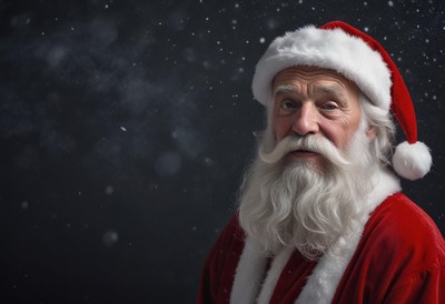 Santa claus stands in front of a snowy background