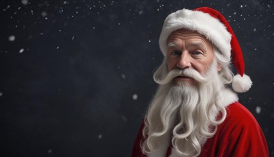 Santa claus looks to the side as snow falls around him