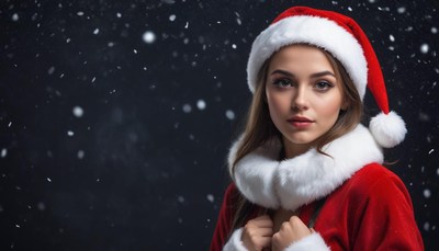 A woman in a santa hat stands in the snow
