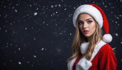 Woman in santa hat poses with falling snowflakes
