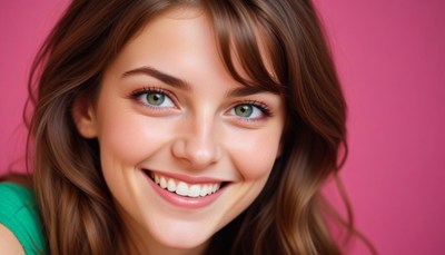 A woman with brown hair smiles in front of a pink background