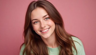 A woman smiles in front of a pink background