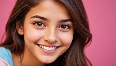 A young woman smiles brightly against a pink background