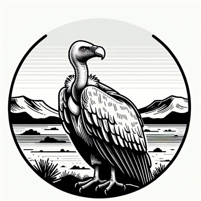 Vulture in a mountain landscape, black and white