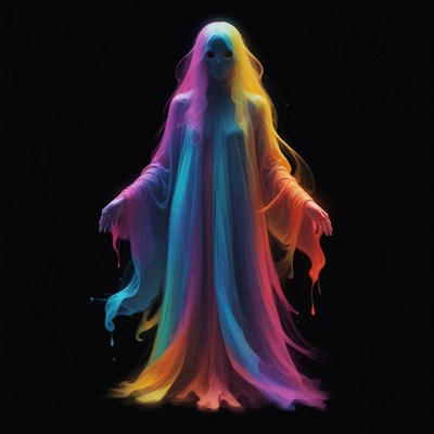 A colorful figure stands in front of a black background