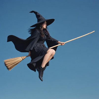A witch flies on a broomstick against a blue sky