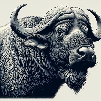 A close-up of a cape buffalo's head