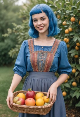 A woman with blue hair holds a basket of fruit
