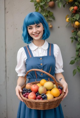 A woman with blue hair holds a basket of fresh fruit