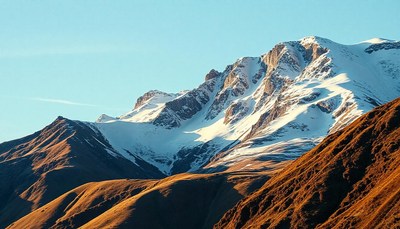 A snow-capped mountain range in the early morning light