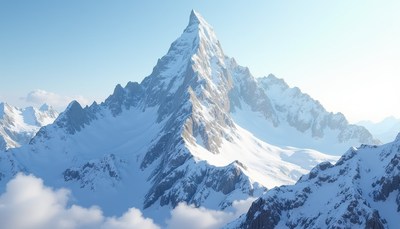 A snowy mountain peak stands tall against a clear blue sky