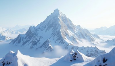 A snowy mountain peak rises above the clouds on a clear day