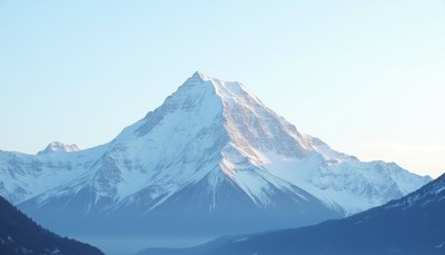 A snowy mountain peak stands tall against the blue sky