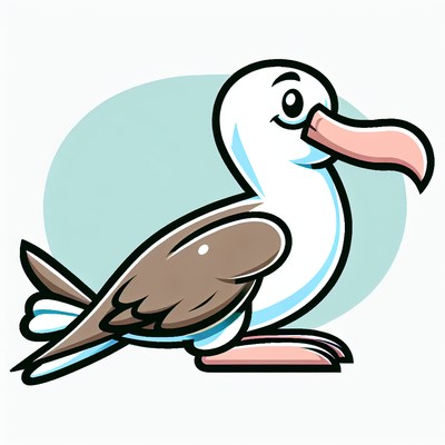 A cartoon albatross stands on a blue background