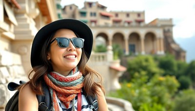 A woman in a hat and sunglasses smiles while sightseeing