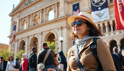 A woman in a straw hat walks in front of a building