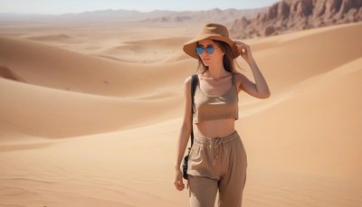 A woman in a hat walks through the desert