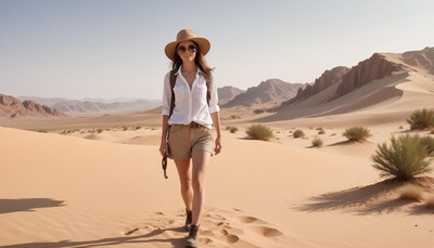 A woman walks through a desert landscape