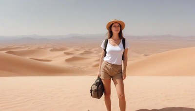 A woman walks through a desert landscape