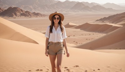 A woman walks through the desert, enjoying the sand dunes