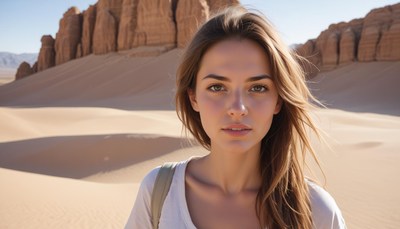 Woman in a desert with sandstone cliffs behind her