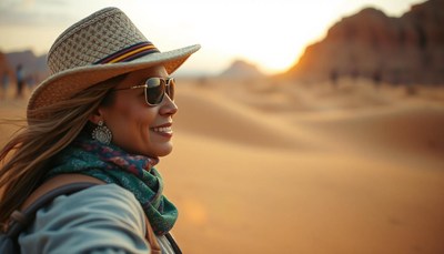 A woman smiles in the desert during sunset