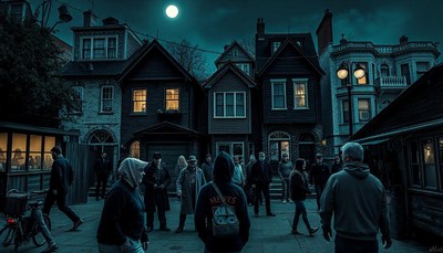 People walk past houses on a moonlit street