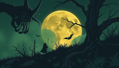 A figure walks under the full moon, a beast above