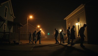 A group of people walk down a street at night