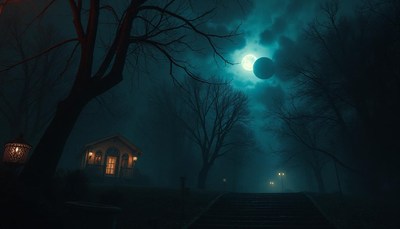 A misty night in the woods with a house and a full moon
