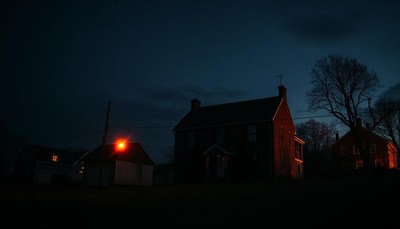 Houses are illuminated by red lights on a dark night