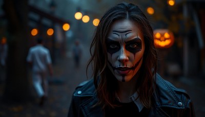 A woman in a scary mask walks through a city at night