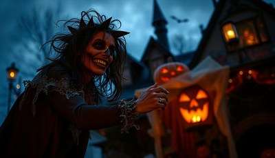 A woman in costume smiles at a jack-o'-lantern