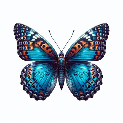 A blue butterfly with orange and black markings