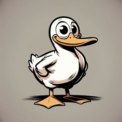 A cartoon duck with big eyes stands on a gray background
