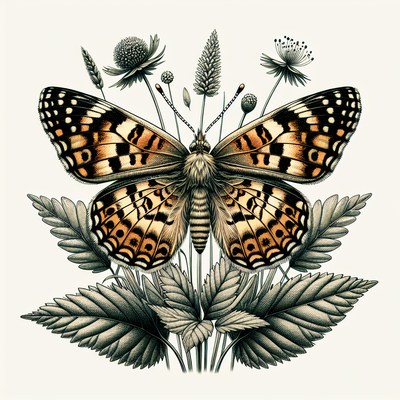 A detailed illustration of a butterfly surrounded by flowers