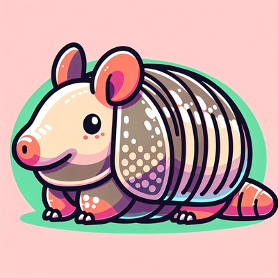 A cartoon armadillo smiles on a pink background