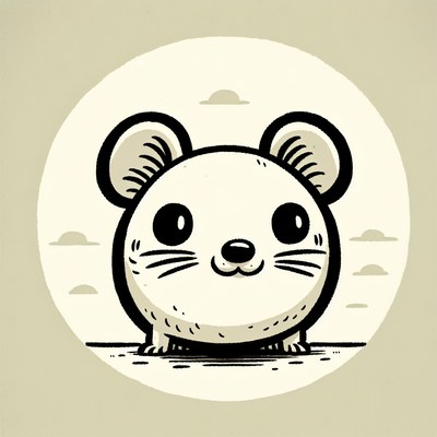 A cute cartoon mouse stands in front of a pale sky