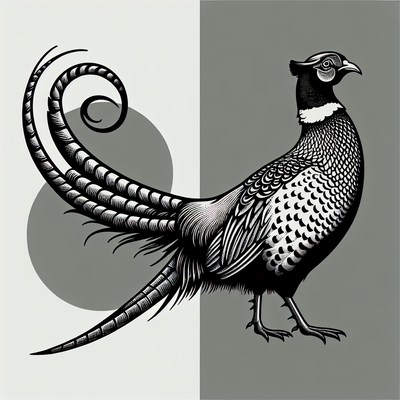 Black and white pheasant illustration with curled tail