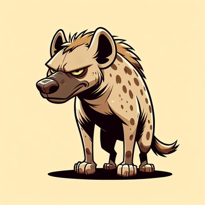 A spotted hyena stands with a grumpy expression