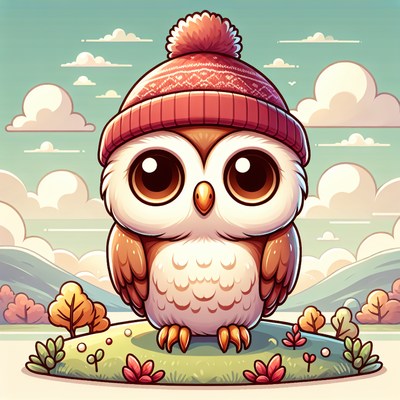 A cute owl wearing a red hat stands on a grassy hill