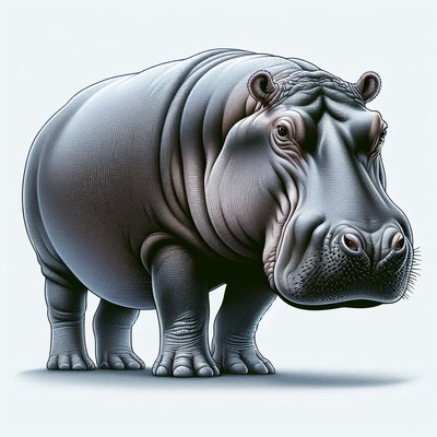 A large hippopotamus stands on a white background
